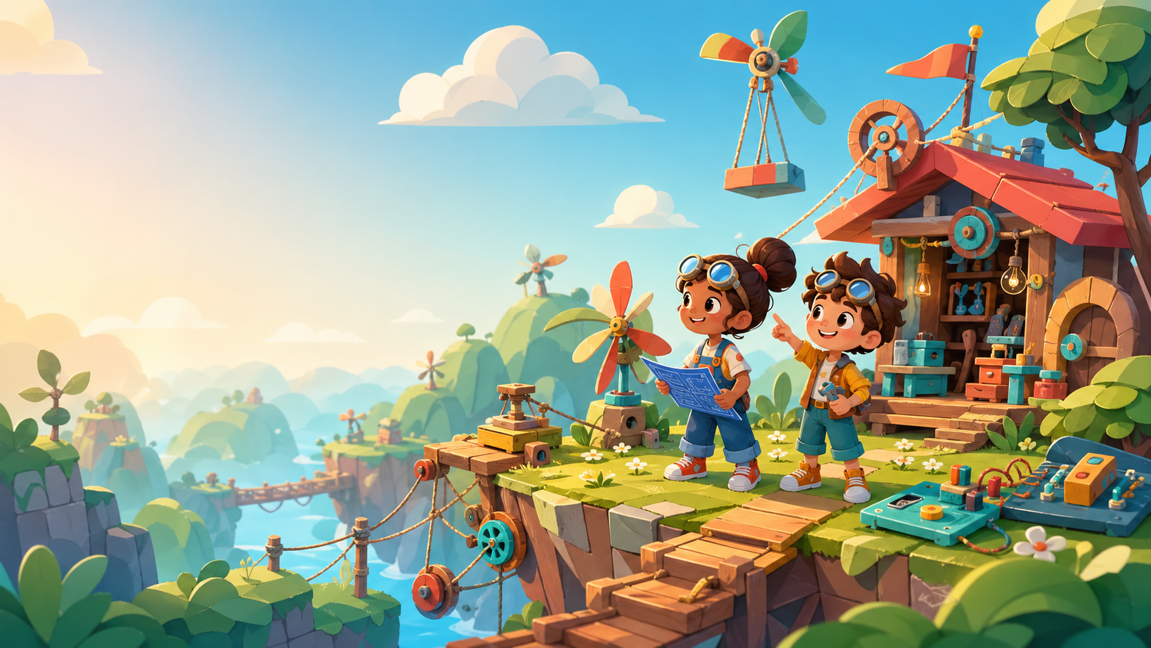 Ilha colorida com oficina, moinho e crianças inventoras explorando desafios